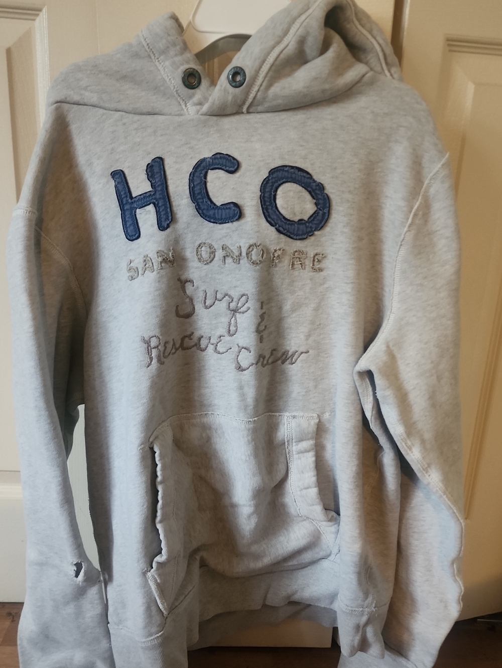 Light Gray Hollister Crewneck Hoodie with Navy Appliqué